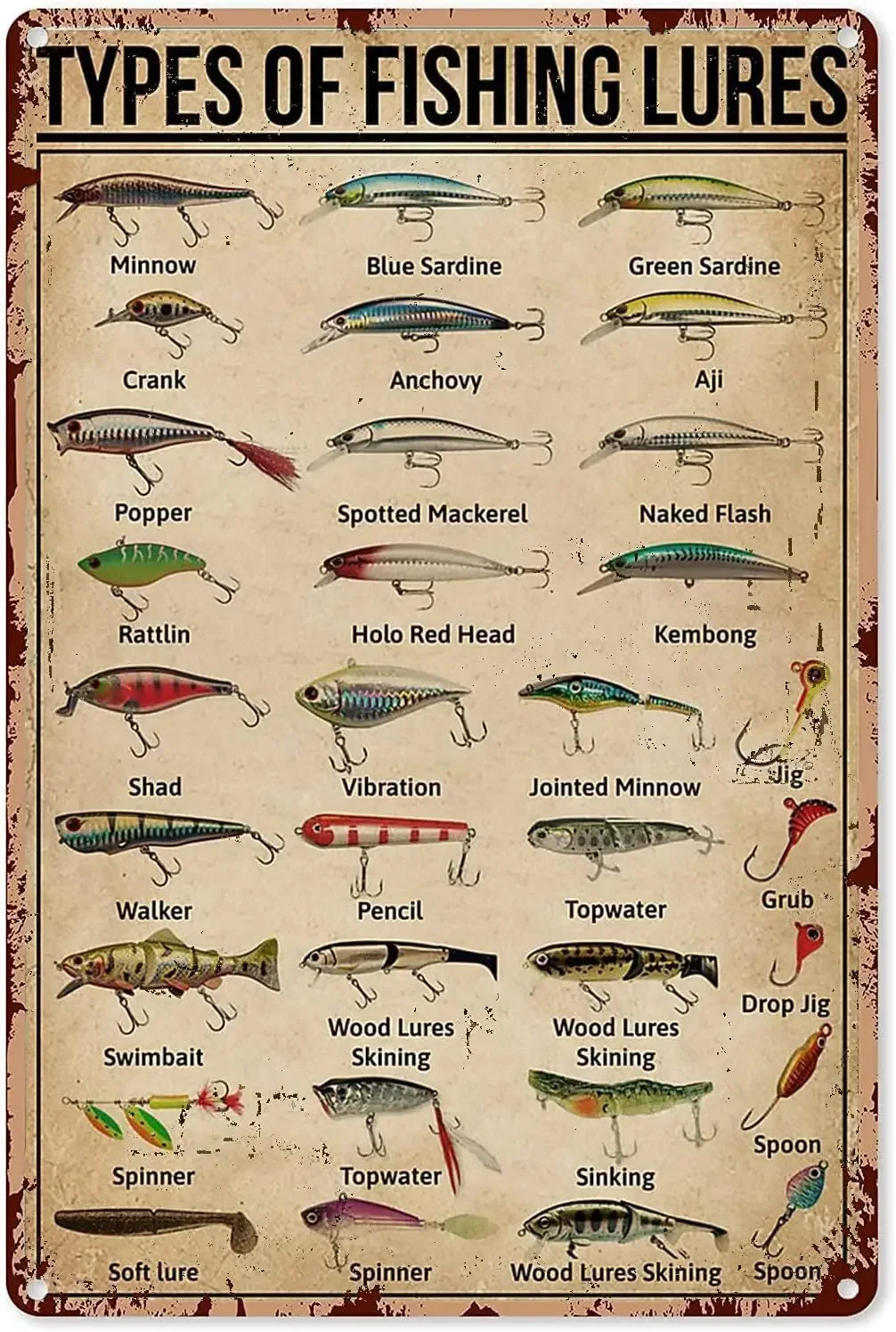 Fishing Lure - ป้ายโลหะตกปลาแบบวินเทจ ป้ายดีไซน์เหยื่อตกปลา ป้ายโลหะตกแต่งผนังสำหรับตกแต่งบ้าน ห้องพักผ่อนของผู้ชาย โรงรถ บาร์