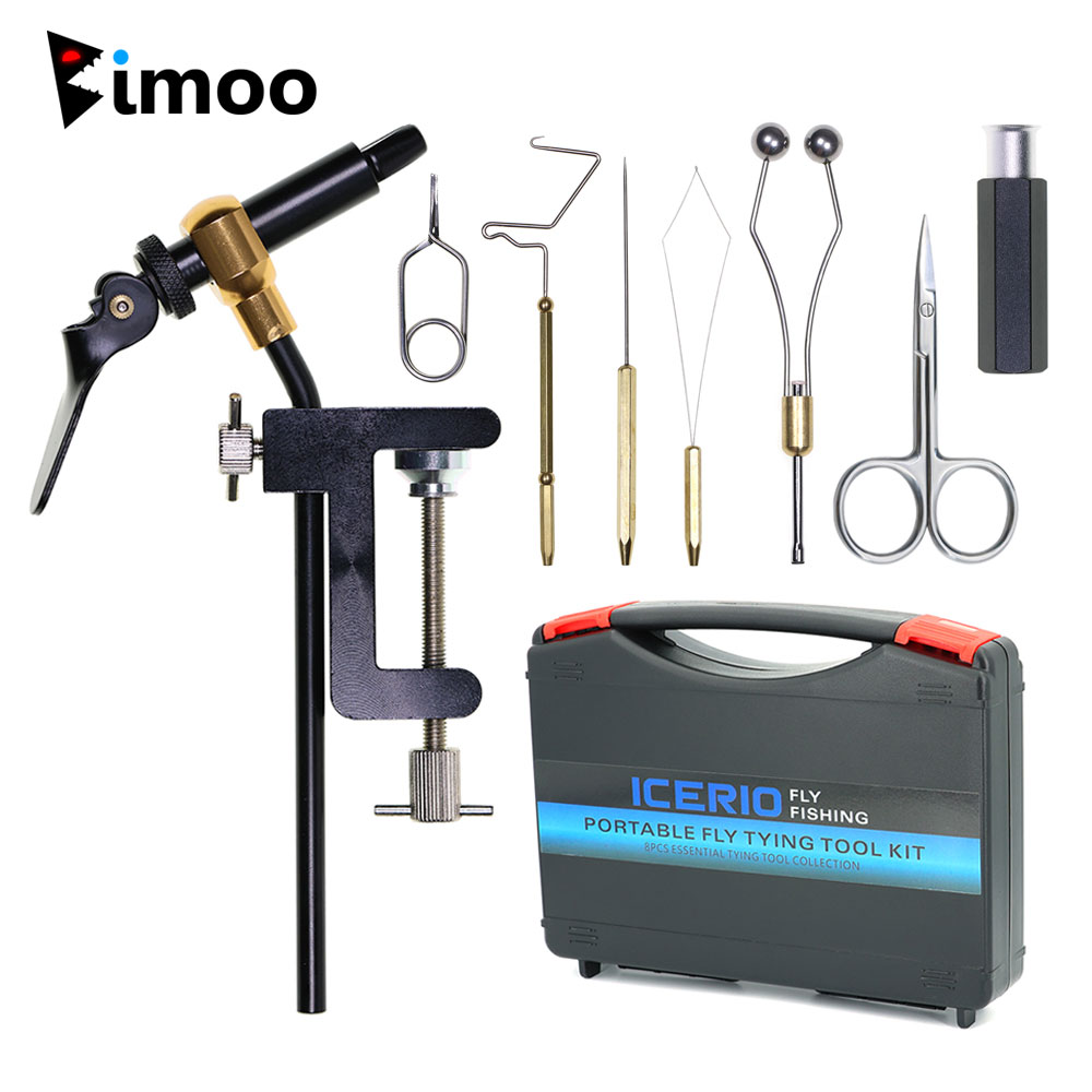 Fly Fishing Set - ชุดเครื่องมือผูกขนแมลงแบบ C-Clamp 8 ชิ้น/ชุด ทำจากเหล็กชุบแข็ง พร้อมที่วางหลอดด้าย